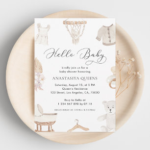 Invitación Boho White Hello Baby Clothes Nursery Baby Shower