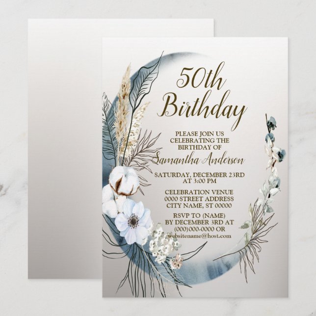Invitación Boho White Orchid Flowers Blue Moon (Anverso / Reverso)