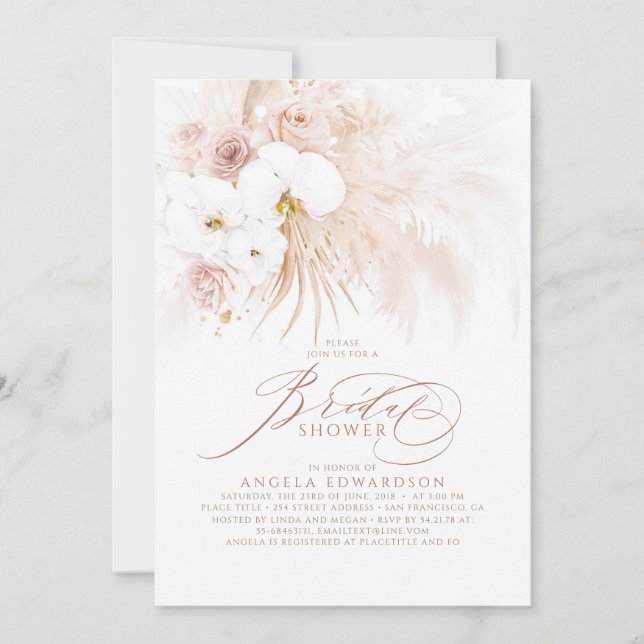 Invitación Boho White Orchids Pampas Ducha nupcial (Anverso)
