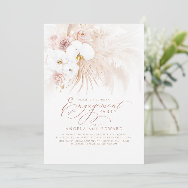Invitación Boho White Orchids Pampas Grass Engagement Party (Anverso de pie)