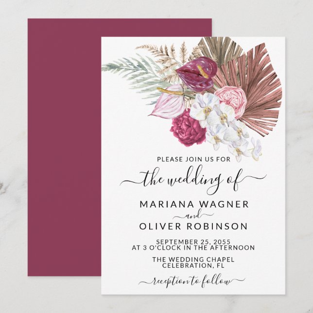 Invitación Boho White Orchids Rubor Burgundy Floral Boda (Anverso / Reverso)