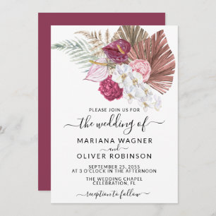 Invitación Boho White Orchids Rubor Burgundy Floral Boda