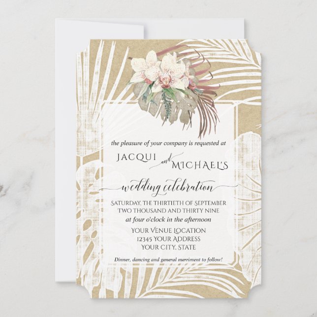 Invitación BOHO White Orquídea Floral Foliage Kraft (Anverso)