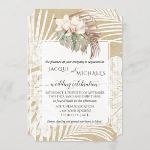 Invitación BOHO White Orquídea Floral Foliage Kraft
