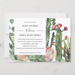 INVITACIÓN BOHO WHITE PINK FLORAL CACTUS FOLIAGE BABY SHOWER
