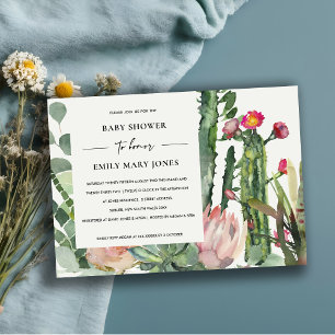 INVITACIÓN BOHO WHITE PINK FLORAL CACTUS FOLIAGE BABY SHOWER