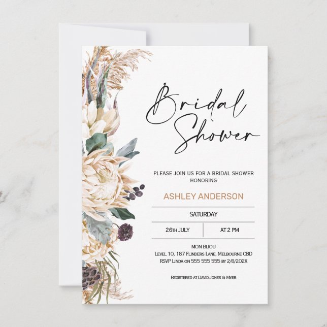 Invitación Boho White Protea Pampas Ducha de Novias Grasas  (Anverso)