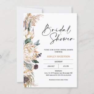 Invitación Boho White Protea Pampas Ducha de Novias Grasas 