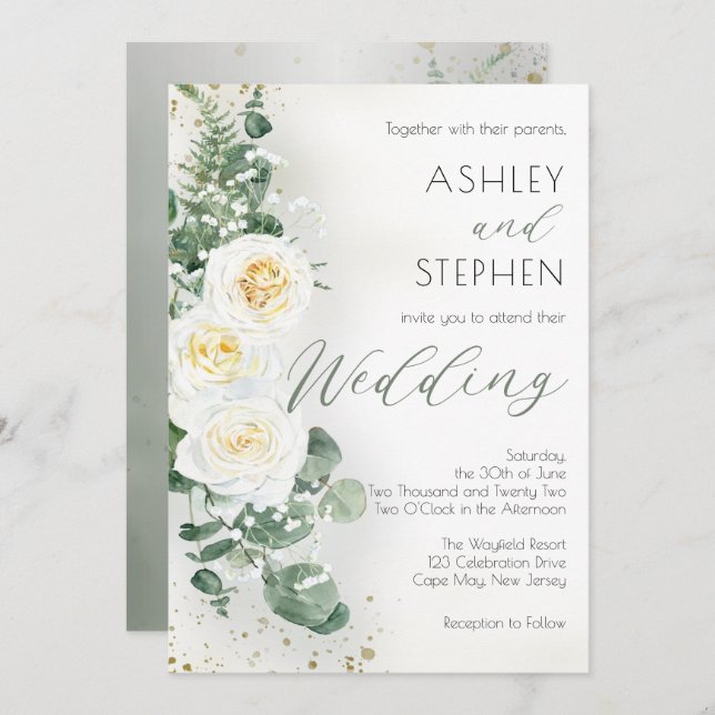 Invitación Boho White Rose Floral | Eucalyptus Wedding (Anverso / Reverso)