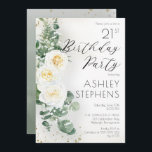 Invitación Boho White Roses Eucalyptus 21ª Fiesta de cumpleañ<br><div class="desc">Elegante y elegante rosa blanca de moda boho y eucalipto floral "Partido del Cumpleaños" diseño de texto con confetti de color dorado oscuro y sombra. En la parte posterior se encuentra un fondo verde de salvia con un gradiente de color de agua, con salpicaduras de confeti de color verde oscuro...</div>
