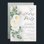 Invitación Boho White Roses Eucalyptus 21ª Fiesta de cumpleañ<br><div class="desc">Elegante y elegante rosa blanca de moda boho y eucalipto floral "Partido del Cumpleaños" diseño de texto con confetti de color dorado oscuro y sombra. En la parte posterior se encuentra un fondo verde de salvia con un gradiente de color de agua, con salpicaduras de confeti de color verde oscuro...</div>