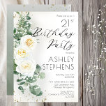Invitación Boho White Roses Eucalyptus 21ª Fiesta de cumpleañ<br><div class="desc">Elegante y elegante rosa blanca de moda boho y eucalipto floral "Partido del Cumpleaños" diseño de texto con confetti de color dorado oscuro y sombra. En la parte posterior se encuentra un fondo verde de salvia con un gradiente de color de agua, con salpicaduras de confeti de color verde oscuro...</div>