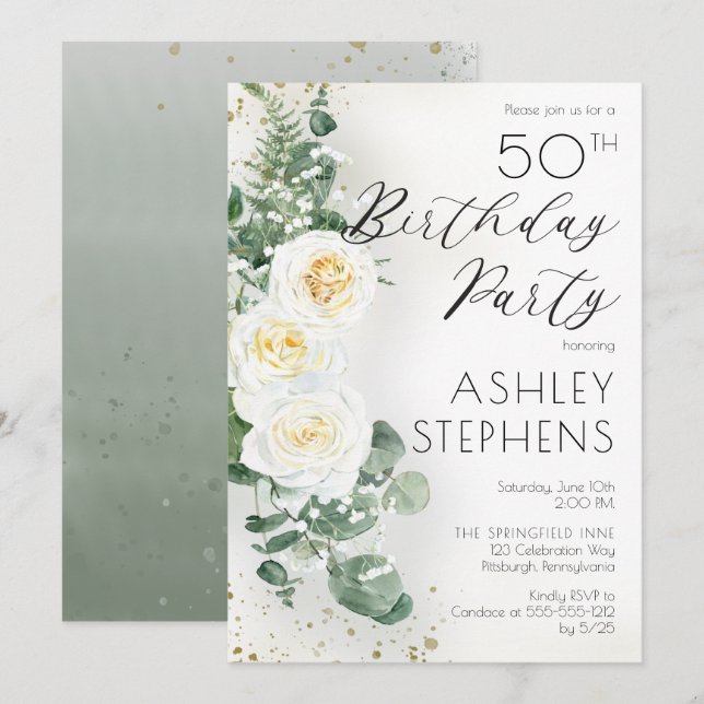 Invitación Boho White Roses Eucalyptus 50 cumpleaños (Anverso / Reverso)