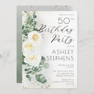 Invitación Boho White Roses Eucalyptus 50 cumpleaños