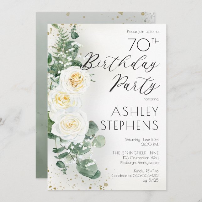 Invitación Boho White Roses Eucalyptus 70 cumpleaños (Anverso / Reverso)