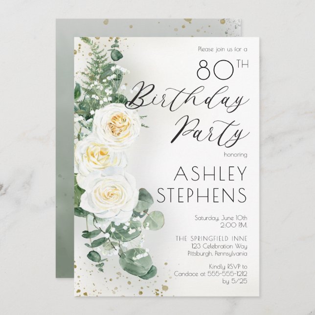 Invitación Boho White Roses Eucalyptus 80 cumpleaños (Anverso / Reverso)