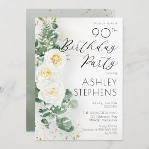 Invitación Boho White Roses Eucalyptus 90 cumpleaños