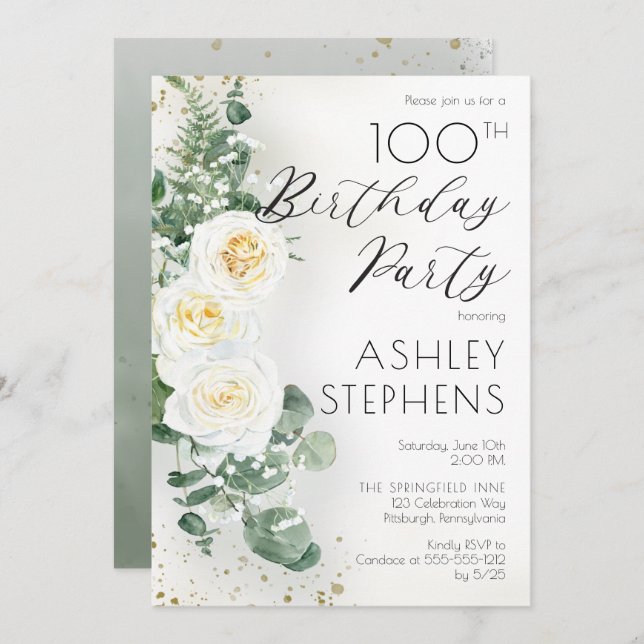 Invitación Boho White Roses Eucalyptus Fiesta de Cumpleaños 1 (Anverso / Reverso)