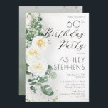 Invitación Boho White Roses Eucalyptus Fiesta de Cumpleaños 6<br><div class="desc">Elegante y elegante rosa blanca de moda boho y eucalipto floral "Partido del Cumpleaños" diseño de texto con confetti de color dorado oscuro y sombra. En la parte posterior se encuentra un fondo verde de salvia con un gradiente de color de agua, con salpicaduras de confeti de color verde oscuro...</div>