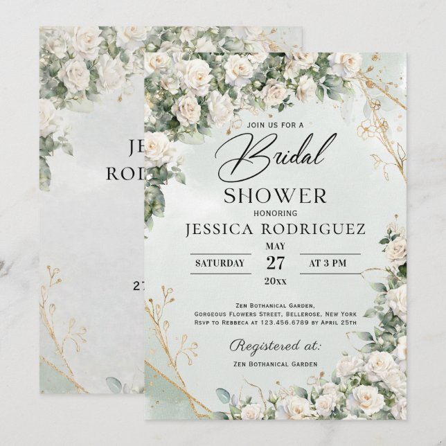 Invitación Boho White Roses Greenery Bridal Shower Invitation (Anverso / Reverso)