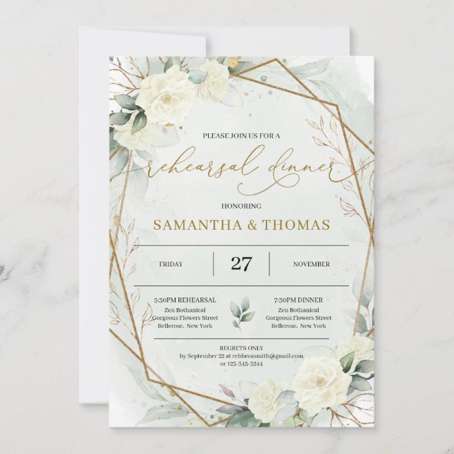 Invitación Boho White Roses Greenery Foliage Gold Rehearsal (Anverso)