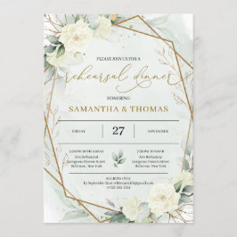 Invitación Boho White Roses Greenery Foliage Gold Rehearsal