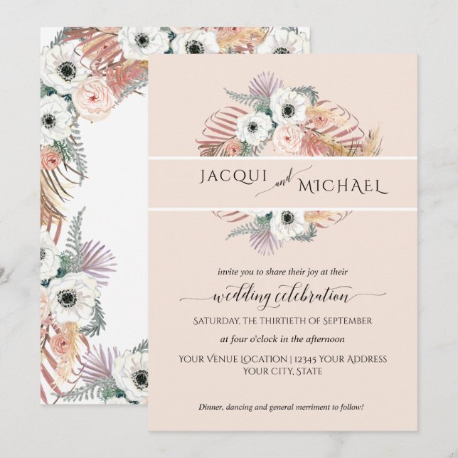 Invitación Boho White Rubor Floral Palm Foliage Pampas Grasa (Anverso / Reverso)