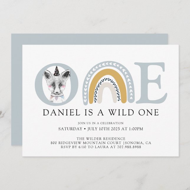 Invitación Boho Wild One acuarela Primer cumpleaños de Fox Bo (Anverso / Reverso)