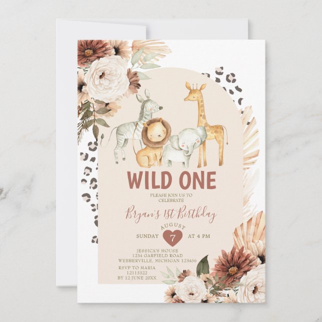 Invitación Boho Wild ONE Birthday Safari Animales Pampas Gras (Anverso)