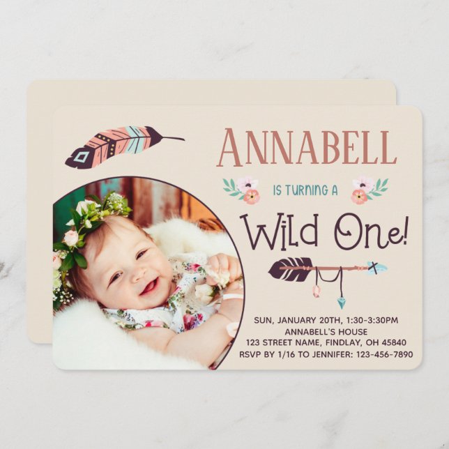 Invitación Boho Wild ONE Girly Primer Cumpleaños (Anverso / Reverso)