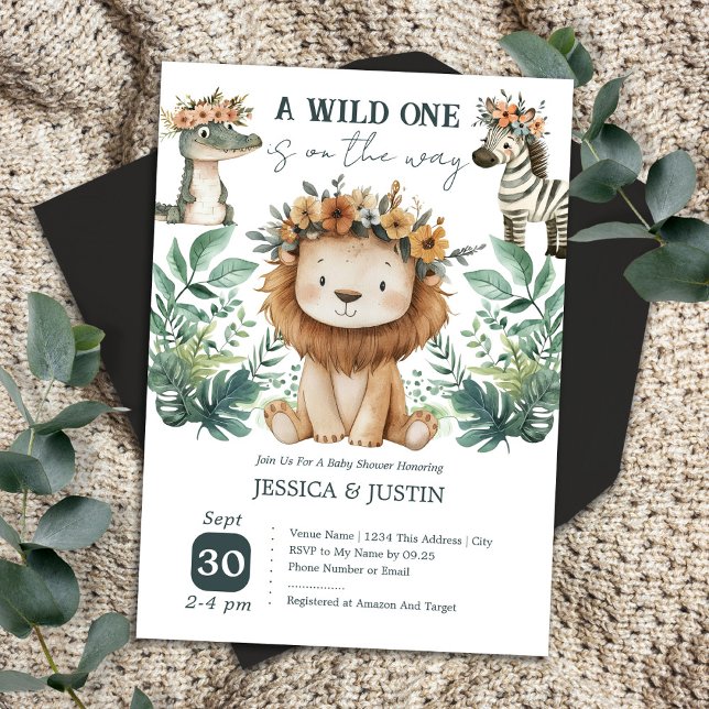 Invitación Boho Wild One Lion Floral Baby Shower (Subido por el creador)