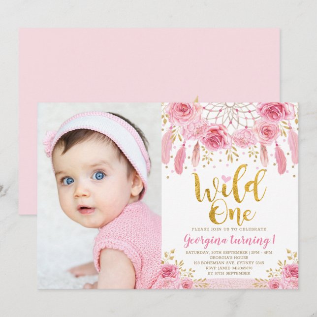 Invitación Boho Wild One Pink Rose Floral Dreamcatcher (Anverso / Reverso)