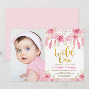 Invitación Boho Wild One Pink Rose Floral Dreamcatcher