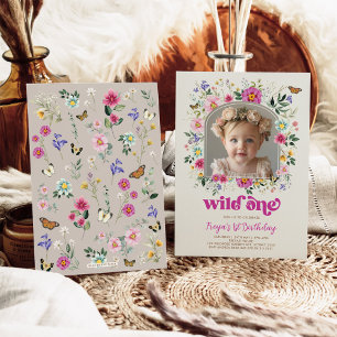 Invitación Boho Wild One Wildflower Foto de primer cumpleaños