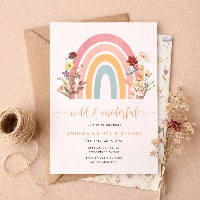Invitación Boho Wild & Onederful Wildflower Rainbow Birthday (Subido por el creador)
