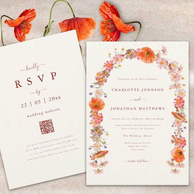Invitación Boho Wildflower Arch Fall Wedding (Boho wildflower arch fall wedding invitation with burnt orange script and qr code)