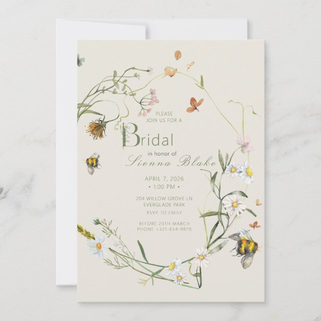 Invitación Boho Wildflower Bee Beige Bridal Shower (Anverso)