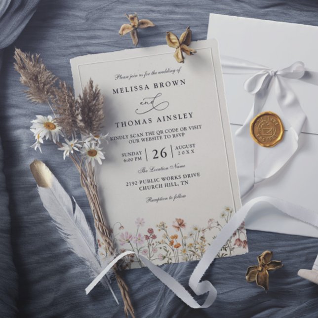 Invitación Boho Wildflower Beige Elegant QR Code Wedding (Subido por el creador)