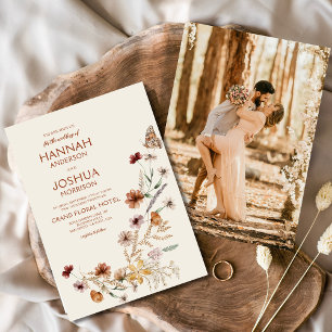 Invitación Boho Wildflower Beige Foto Boda Jardín