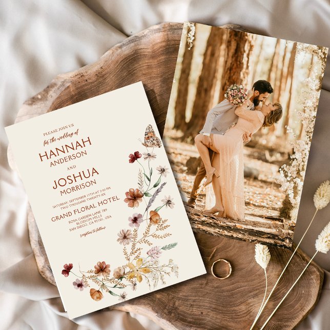 Invitación Boho Wildflower Beige Foto Boda Jardín (Subido por el creador)