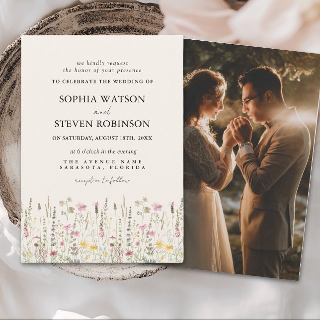 Invitación Boho Wildflower Beige Photo Garden Wedding (Subido por el creador)