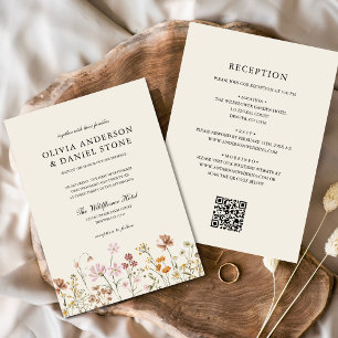 Invitación Boho Wildflower Beige todo en un Boda de código QR