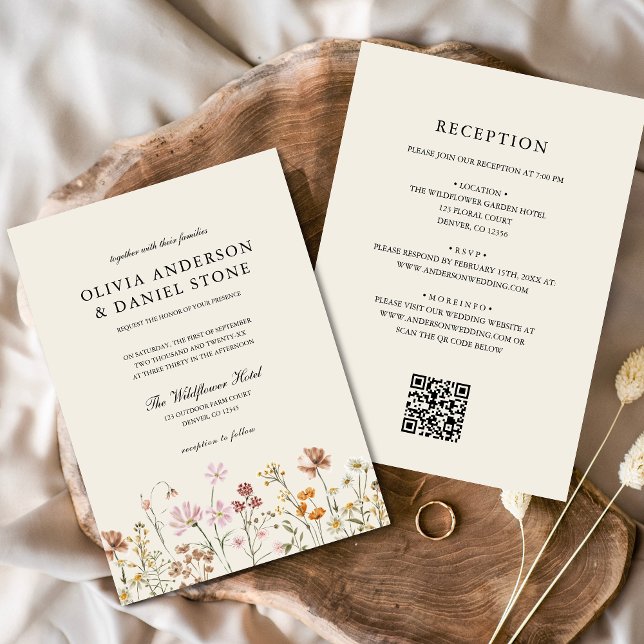 Invitación Boho Wildflower Beige todo en un Boda de código QR (Subido por el creador)