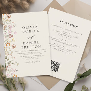 Invitación Boho Wildflower Beige todo en un Boda de código QR