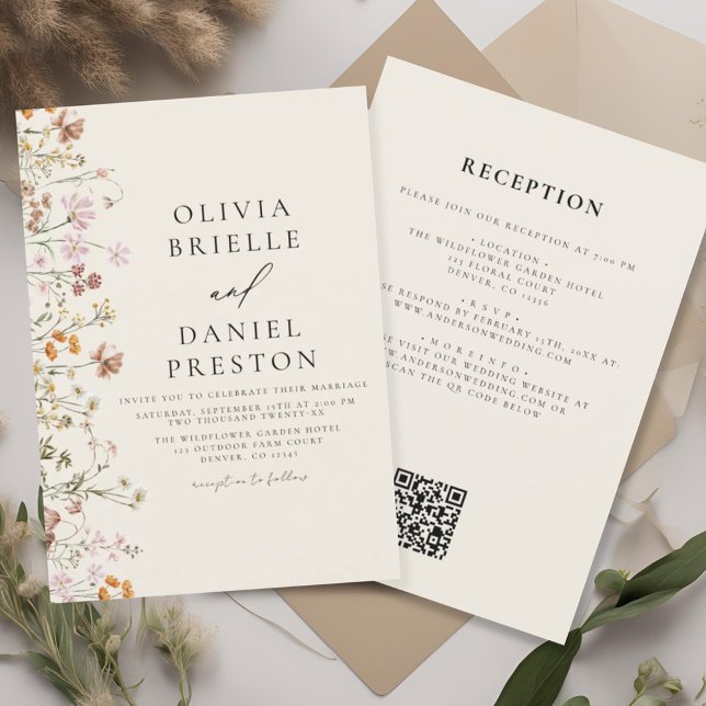 Invitación Boho Wildflower Beige todo en un Boda de código QR (Subido por el creador)