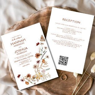 Invitación Boho Wildflower Beige todo en un Boda de código QR