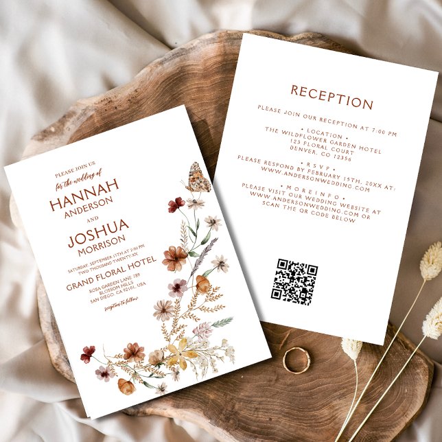 Invitación Boho Wildflower Beige todo en un Boda de código QR (Subido por el creador)