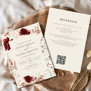 Invitación Boho Wildflower Beige todo en un Boda de código QR