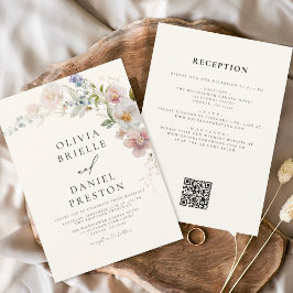 Invitación Boho Wildflower Beige todo en un Boda de código QR
