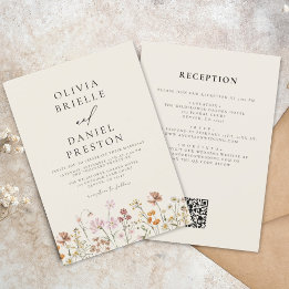 Invitación Boho Wildflower Beige todo en un Boda de código QR